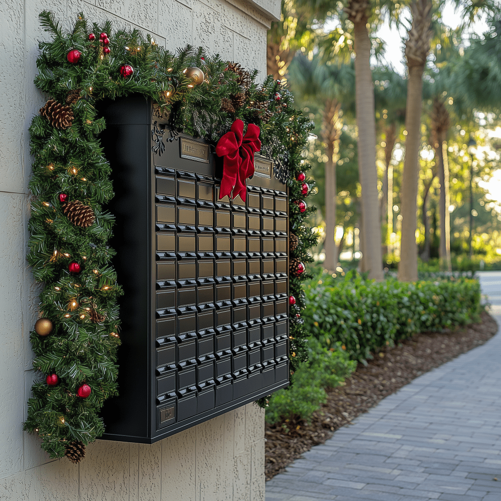 exterior holiday lighting at condo building